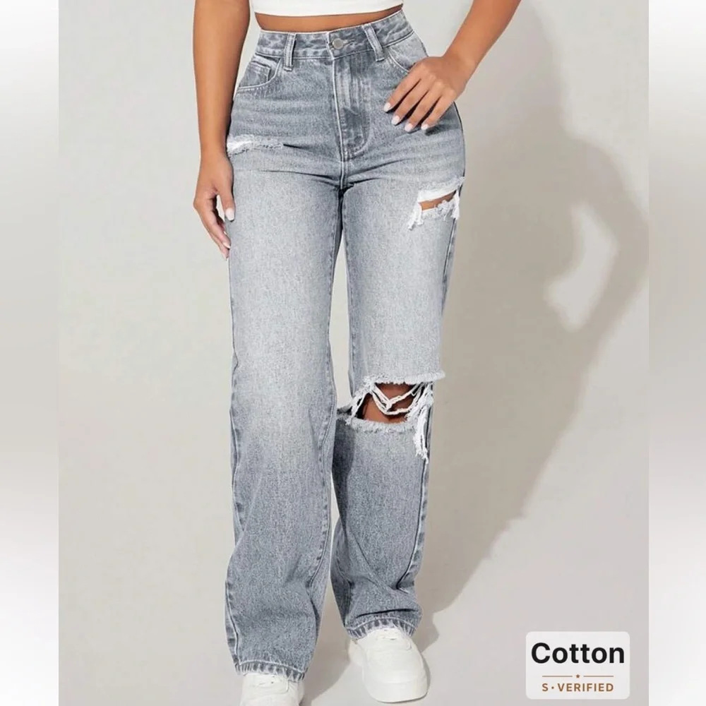 SHEIN PETITE Womens Front-Button Multi-Pocket Ripped Denim Jeans Gray Small/4 - Picture 12 of 12